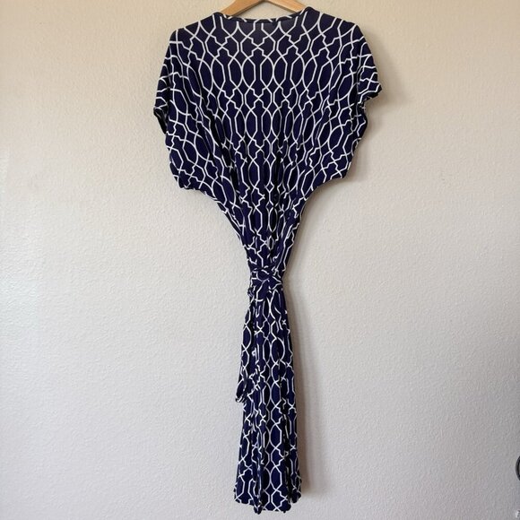 Tart Dress Navy Geometric Print Belted Cap Sleeve Feminine Wrap Dress - Picture 7 of 7